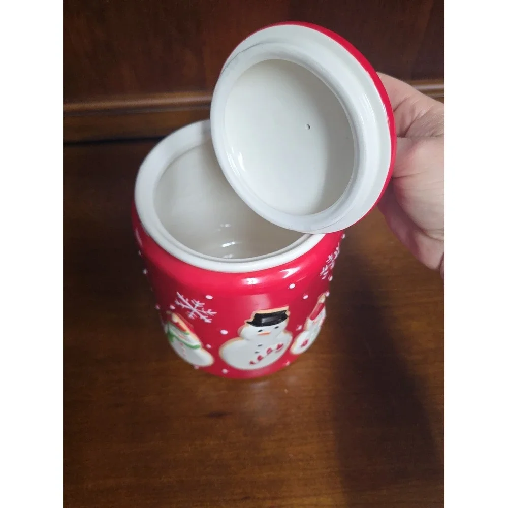 Red Christmas Cookie Jar‎ Hallmark Snowman Holiday Snowflake Candy Cane